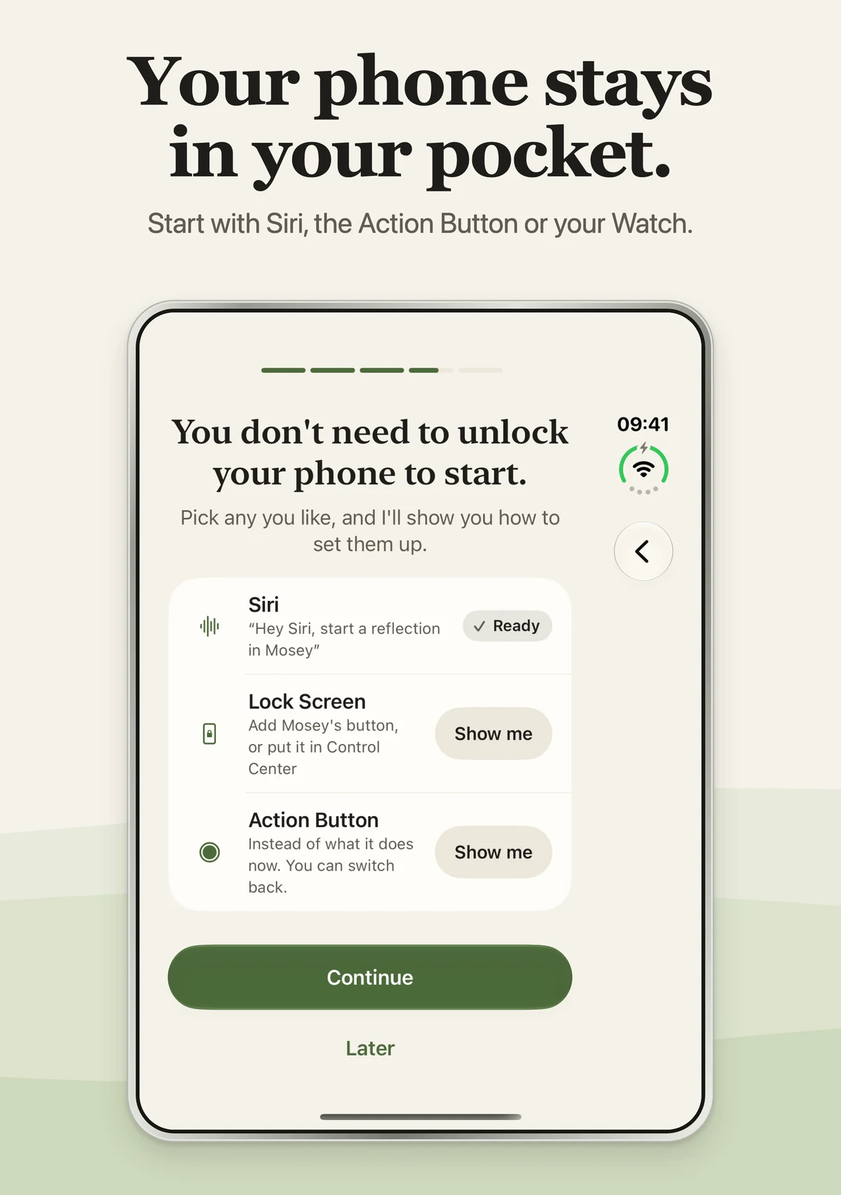 The hands-free setup screen on the outer display of iPhone Duo.