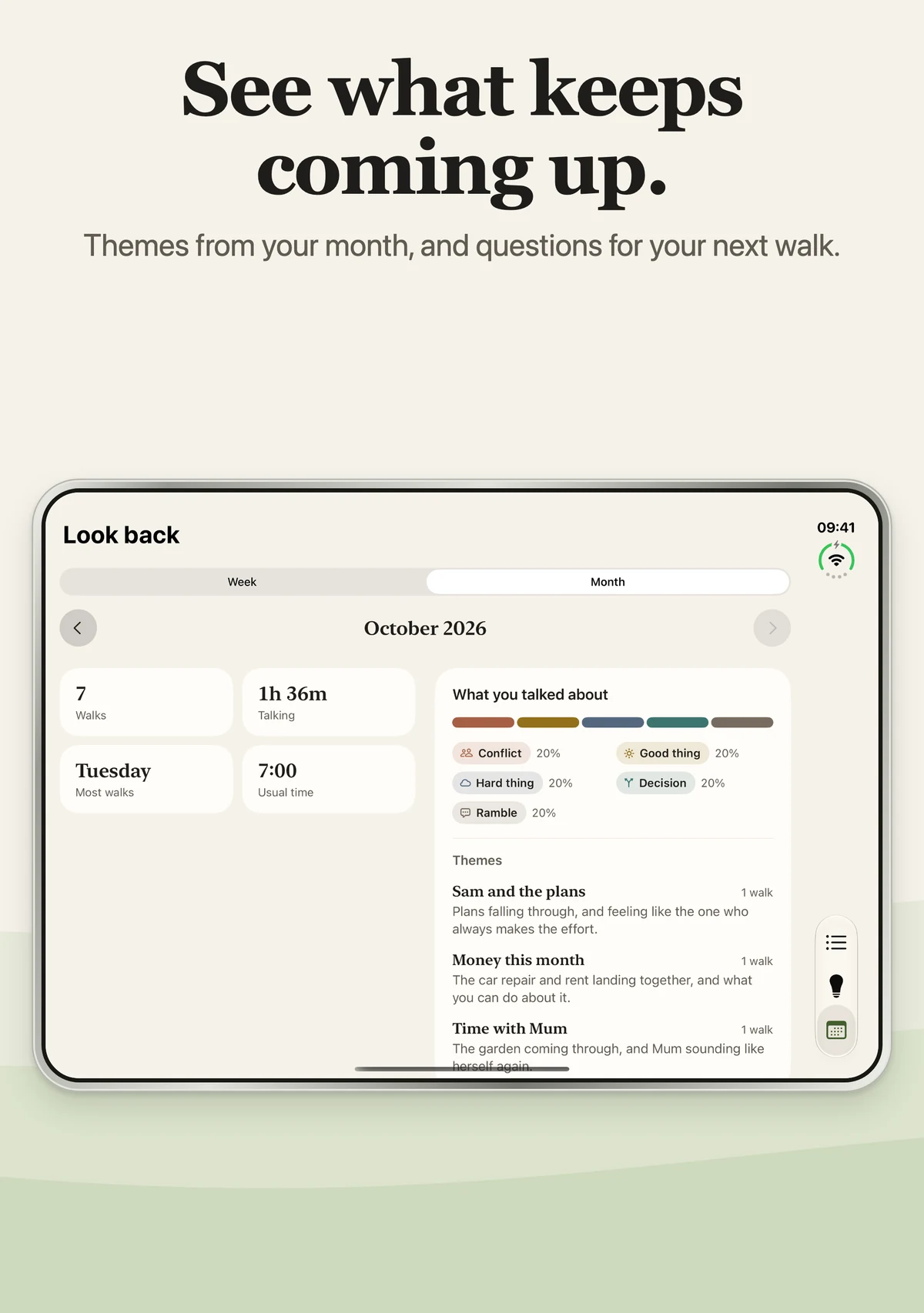 iPhone Duo open, showing monthly themes and walking statistics.