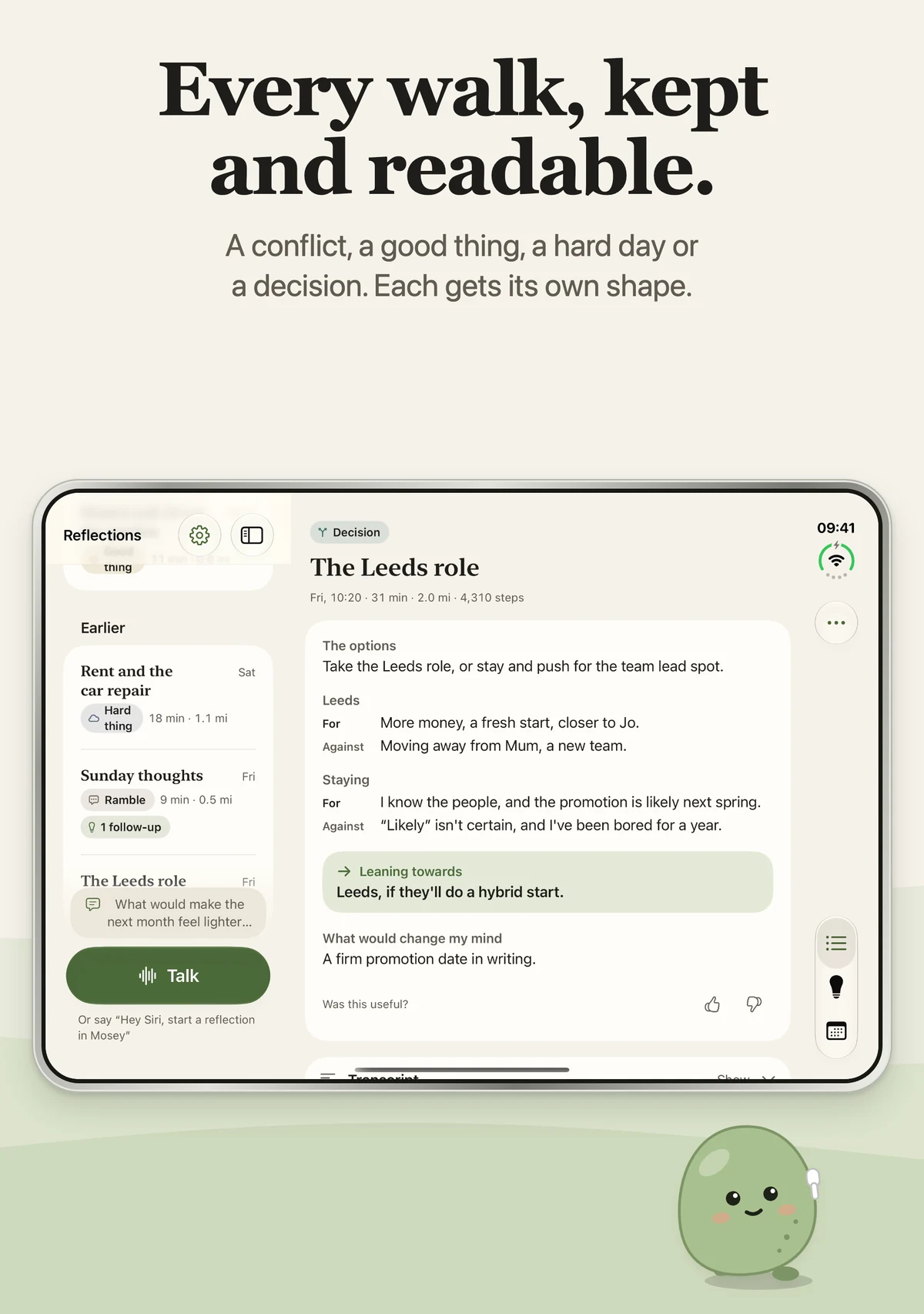 iPhone Duo open, showing the journal list and a decision reflection side by side.