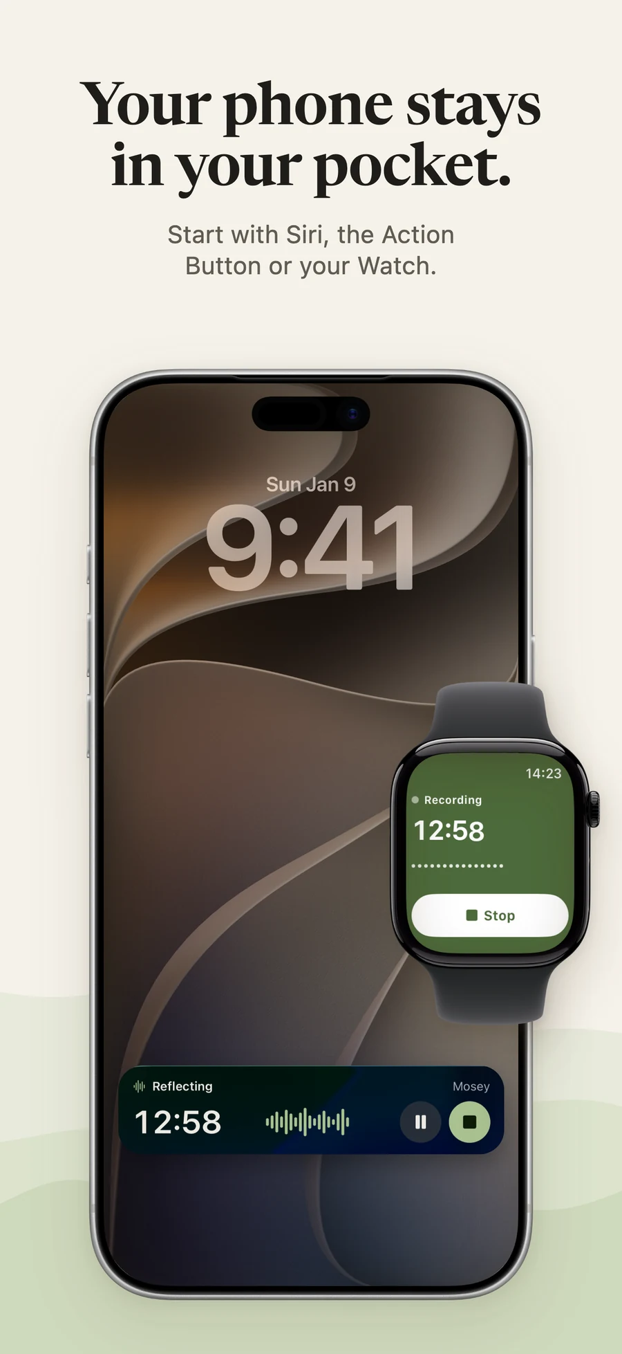Hands-free ways to start Mosey using Siri, the Lock Screen, and the Action Button.